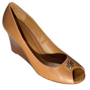 TORY BURCH Jolie Women's Tan Leather Peep Toe Wedge Heels Size 9.5M